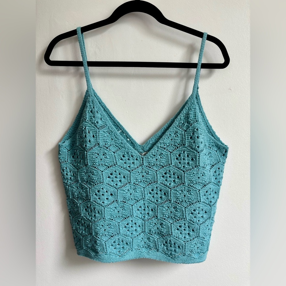 American Eagle Blue Crochet Knit Cropped Tank